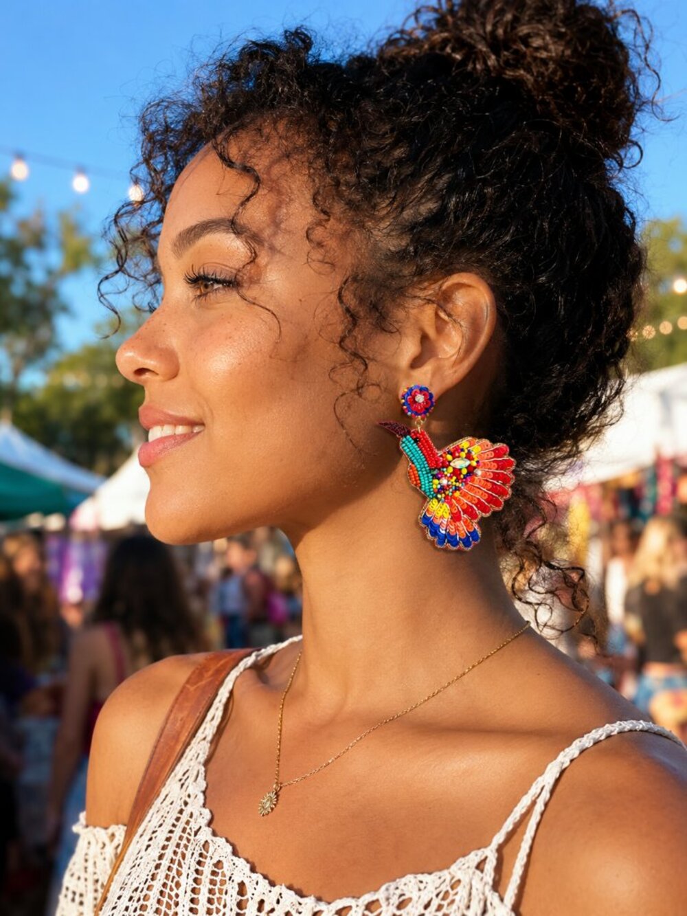 Seed Beaded Hummingbird Statement Earrings Bold Tropical Summer Glam Dangle Boho - Picture 4 of 8